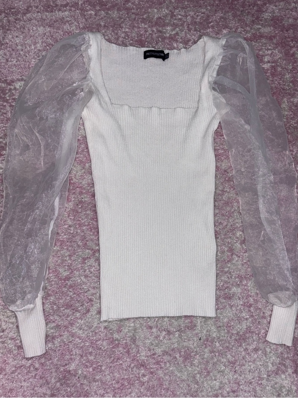 PrettyLittleThing White Ribbed Square Neck Top with Sheer Puff Sleeves